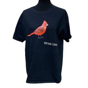 Hand Printed Upcycled Mens Large Watercolor Northern Cardinal Red Bird Tee Shirt
